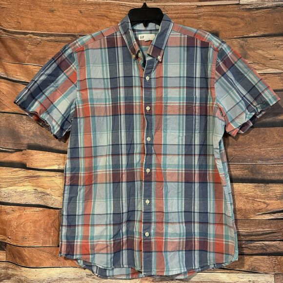 Gap Large Plaid Button Up Shirt Short Sleeve Blue & Pink Standard Fit Preppy - Picture 1 of 7